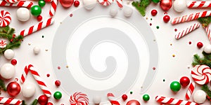 Christmas background filled with candy canes, peppermints, and holiday sweets arranged in an elegant pattern.