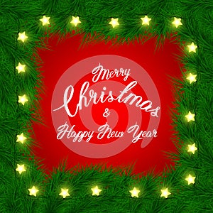 Christmas background with fir branch border and light garland. Decorative Christmas festive background. Lettering Happy