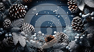 Christmas background with fir branches, cones and snowflakes on blue wooden planks.