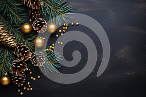 Christmas background with fir branches and golden decorations on black background