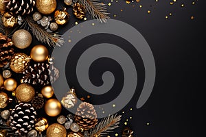 Christmas background with fir branches and golden decorations on black background