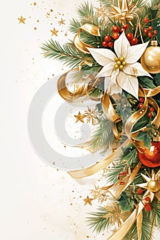 Christmas background with fir branches, poinsettia and golden ribbon.