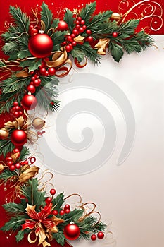 Christmas background with fir branches and red baubles on a red background