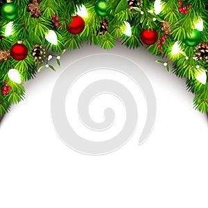 Christmas background with fir branches, red and green balls, pine cones, and Christmas lights. Vector illustration