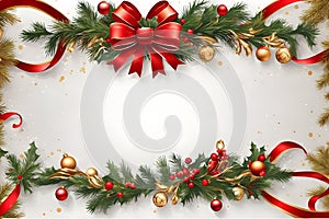 Christmas background with fir branches, red ribbons and baubles