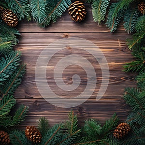 Christmas background with fir branches on vintage wooden backdrop top view. Yuletide floral frame