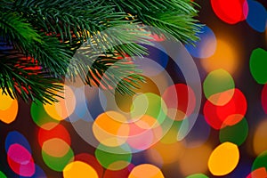 Christmas Background with Fir-tree Branch on the Holiday Lights Background