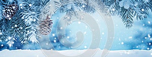 Christmas background with fir tree branches covered with snow and falling snowflakes