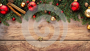 Christmas background with fir tree branches and red baubles on wooden board