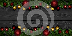 Fondo de navidad abeto un árbol a Navidad ornamento pelotas sobre el oscuro de madera lámina. día festivo composición 