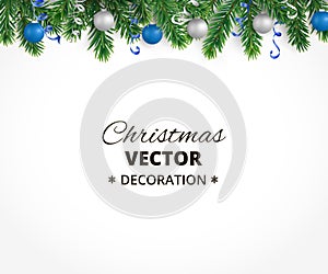 Christmas background with fir tree garland, hanging balls and rib