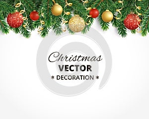 Christmas background with fir tree garland, hanging balls and rib