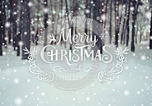 Christmas background with fir trees and blurred background of winter with text Merry Christmas and Happy New Year. Frosty winter