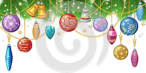 Christmas background with fir twigs, christmas toys and decor