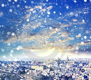 Christmas background : First snow in Toledo, winter in Spain