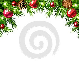 Christmas background frame with fir branches, red balls, pine cones, and Christmas lights. Vector illustration