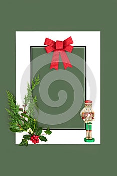 Christmas Background Frame with Nutcracker Flora and Red Bow