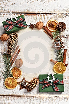 Christmas background with frame on white wooden board