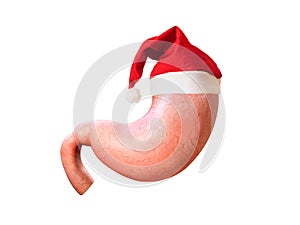 Christmas background, full anatomy stomach with red christmas santa clause hat, diet, funny postcard, Concept of eating too much,