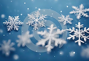 Christmas background of fuzzy and focused snowflakes stock illustrationBackgrounds, Snowflake Shape, Snow, Blue, Ice