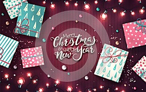 Christmas background with garland of lights, gifts