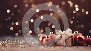 Christmas background with gift box and baubles on bokeh background