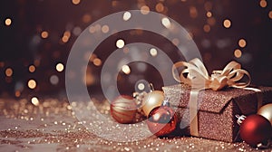 Christmas background with gift box and baubles on bokeh background