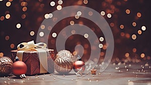 Christmas background with gift box and decoration on bokeh background.