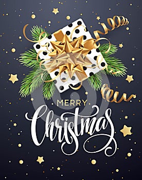 Christmas background with gift box with gold bow, streamers, confetti
