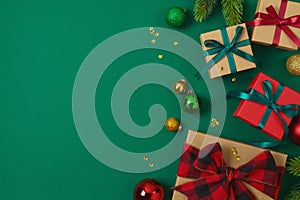 Christmas background with gift box, ornaments and decorations. Top view, flat lay