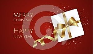 Christmas background with gift box and ribbons. Christmas greeting card or poster template.