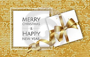 Christmas background with gift box and ribbons. Christmas greeting card or poster template.