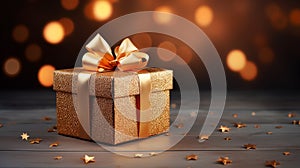 Christmas background with gift box on the table. Gift box decor. AI generated image