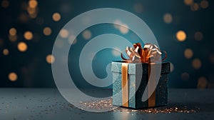Christmas background with gift box on the table. Gift box decor. AI generated image