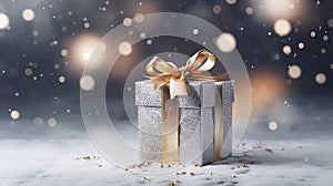 Christmas background with gift box on the table. Gift box decor. AI generated image