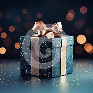 Christmas background with gift box on the table. Gift box decor. AI generated image