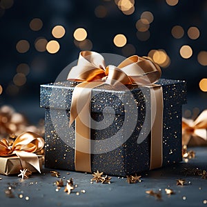 Christmas background with gift box on the table. Gift box decor. AI generated image