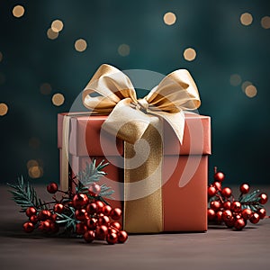 Christmas background with gift box on the table. Gift box decor. AI generated image
