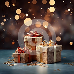 Christmas background with gift box on the table. Gift box decor. AI generated image