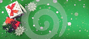 Christmas background with gift boxes, banner or layout with snow, new year mood
