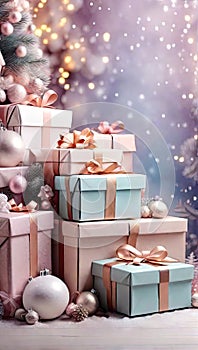 Christmas background with gift boxes with bows in delicate pink, beige, blue tones, bokeh and fairy light. Festive mood Christmas