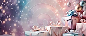 Christmas background with gift boxes with bows in delicate pink, beige, blue tones, bokeh and fairy light. Festive mood Christmas