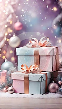 Christmas background with gift boxes with bows in delicate pink, beige, blue tones, bokeh and fairy light. Festive mood Christmas