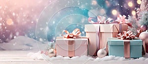 Christmas background with gift boxes with bows in delicate pink, beige, blue tones, bokeh and fairy light. Festive mood Christmas