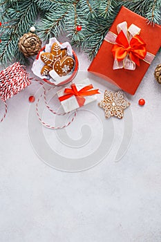 Christmas background with gift boxes and cookies. Xmas sale