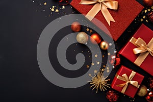 Christmas background with gift boxes and decorations on dark background.