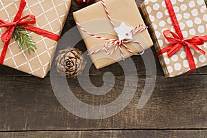 Christmas background with gift boxes, toys and decoration