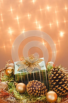 Christmas background with gift and decorations.