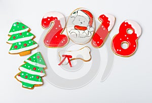 Christmas background with gingerbread and Christmas trees