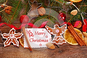 Christmas background with gingerbread cookies and decoration